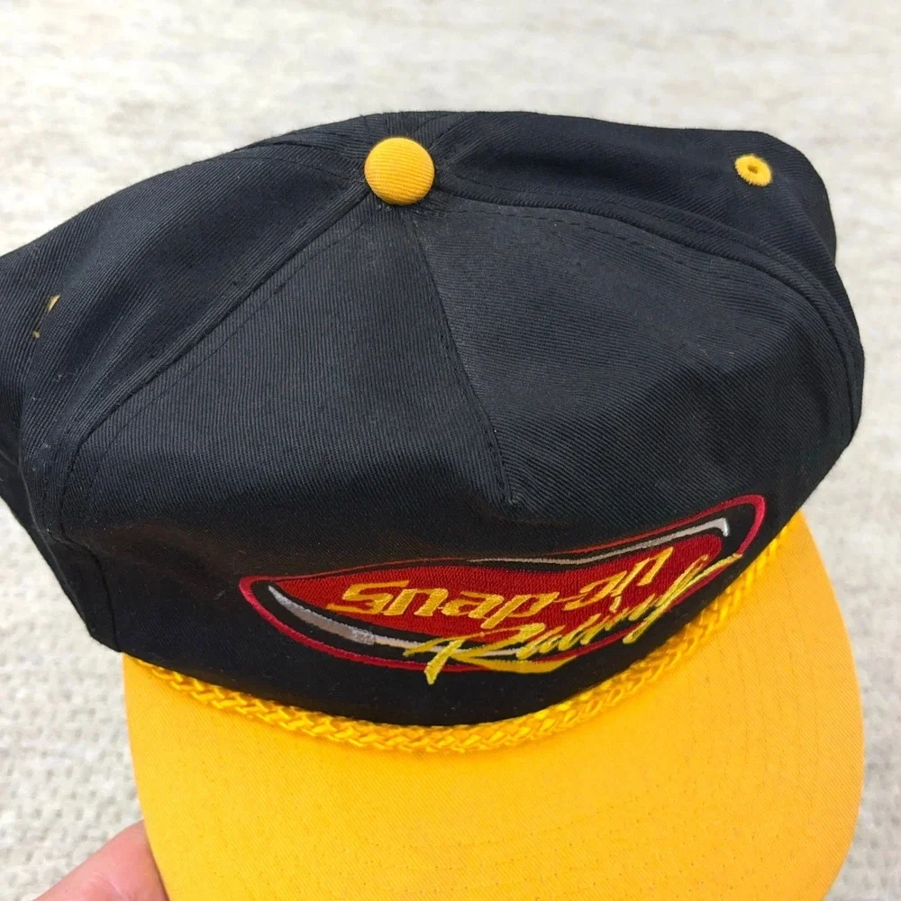 Vintage Snap On Hat Cap Snapback Black Yellow Racing 90s Y2K Tools Rope Trucker